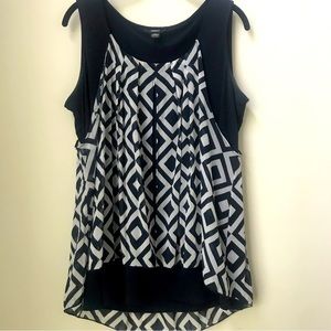 💥 Alfani 2-Layer Top with Geometric Diamond Print Chiffon Overlay Navy/White 0X